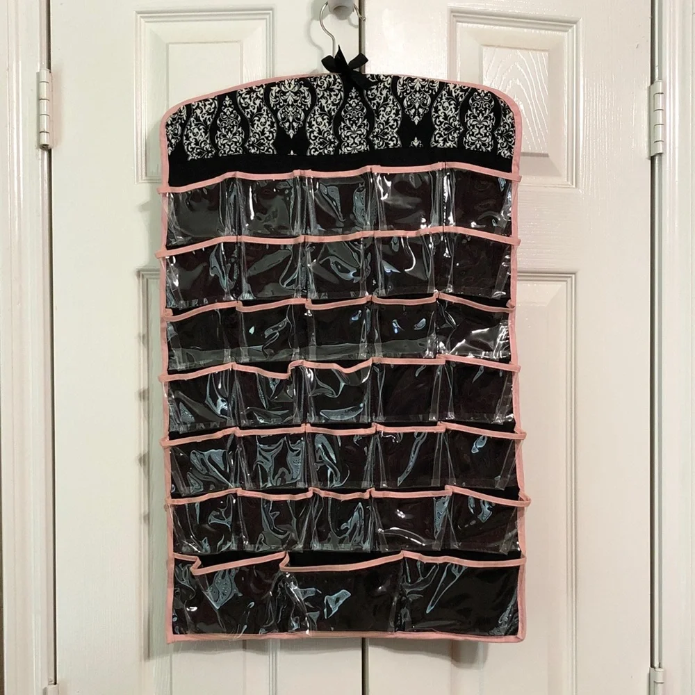 Over-the-Door Jewelry Organizer Black Double Side Multi Clear Pockets